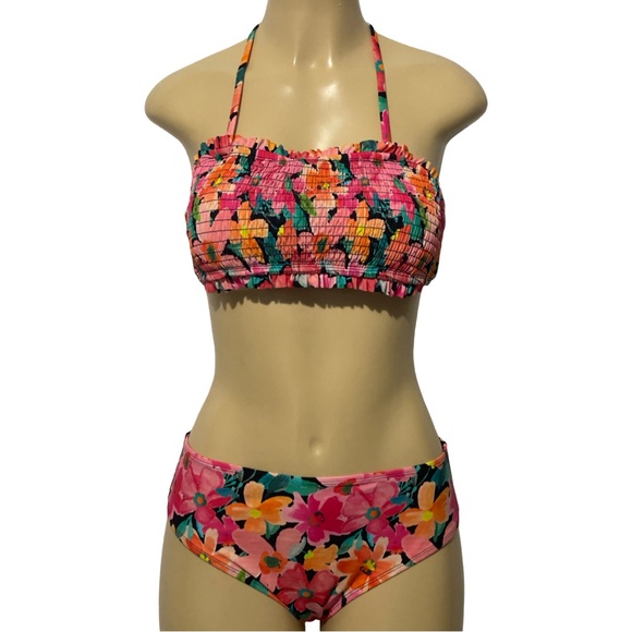 Other - Floral Pink Smocked Bandeau Mid Rise Two Piece Bikini Set Adjustable Halter Top
